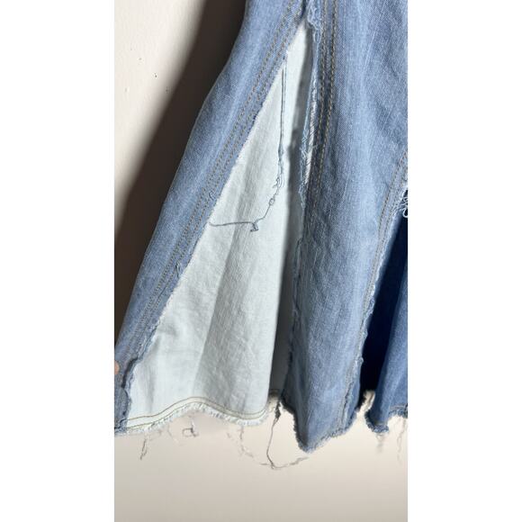 Pilcro Strapless Raw Seams Patchwork Denim Smocked Fit & Flare Mini Dress Small - Picture 7 of 13